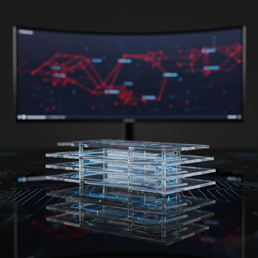 A highly detailed close-up of a transparent acrylic model of a digital enterprise, formed as interlocking geometric layers, resting on a reflective black glass surface. Each tier of the model is etched with microscopic labels such as “operations,” “infrastructure,” “data,” and “governance,” connected by thin, glowing fiber-like lines representing secure pathways. In the background, a blurred ultra-wide monitor shows a subtle, abstract threat landscape with moving nodes. Directional, cool-white side lighting creates crisp edges in the acrylic, casting intricate, overlapping shadows and reflections on the glass below. Shot from a low, slightly tilted angle, the camera emphasizes depth and the sense of layered resilience. The mood is visionary, technical, and forward-looking, rendered in clean, high-end photographic realism that embodies strategic cyber resilience and business value alignment.