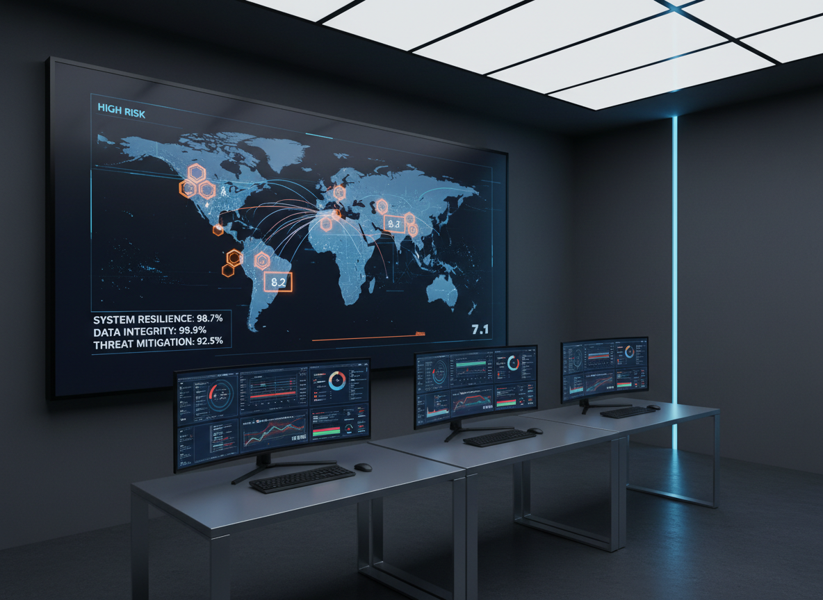 An ultra-modern cybersecurity operations dashboard displayed on a large, frameless wall-mounted screen in a minimalist control room. The screen shows a dark, high-contrast world map with flowing network connections, risk indicators in amber, and resilience metrics in precise white typography. Below, multiple thin, silver workstations host synchronized monitors displaying detailed technical graphs and compliance gauges. The environment is orderly and uncluttered, with matte charcoal walls and a single vertical strip of cool LED accent lighting. Soft, diffused overhead light minimizes reflections on the glassy displays, emphasizing clarity of information. Captured from a slightly elevated angle with sharp focus throughout, the composition uses the rule of thirds to place the main dashboard left-of-center. The mood is analytical, composed, and strategic, with clean photographic realism highlighting business value through visibility and control.