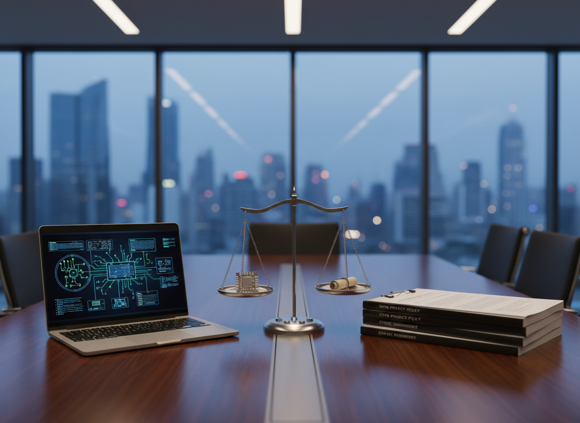 A balanced composition featuring a polished dark-wood conference table where two primary objects face each other: on one side, an open, slim silver laptop showing a complex security architecture diagram; on the opposite side, a neatly stacked set of printed governance documents bound with a minimalist metal clip. Between them sits a precision-engineered stainless steel scale, its arms perfectly level, symbolizing equilibrium between technology and governance. The room has floor-to-ceiling windows revealing a softly blurred city skyline at dusk. Cool blue hour light mixes with warm recessed ceiling lighting, creating a calm, professional ambiance. Shot at table height with shallow depth of field, the scale and the meeting of digital and paper artifacts are sharply detailed while the skyline forms a smooth bokeh. The mood is thoughtful, deliberate, and aligned with executive-level cybersecurity strategy, rendered in clean photographic realism.