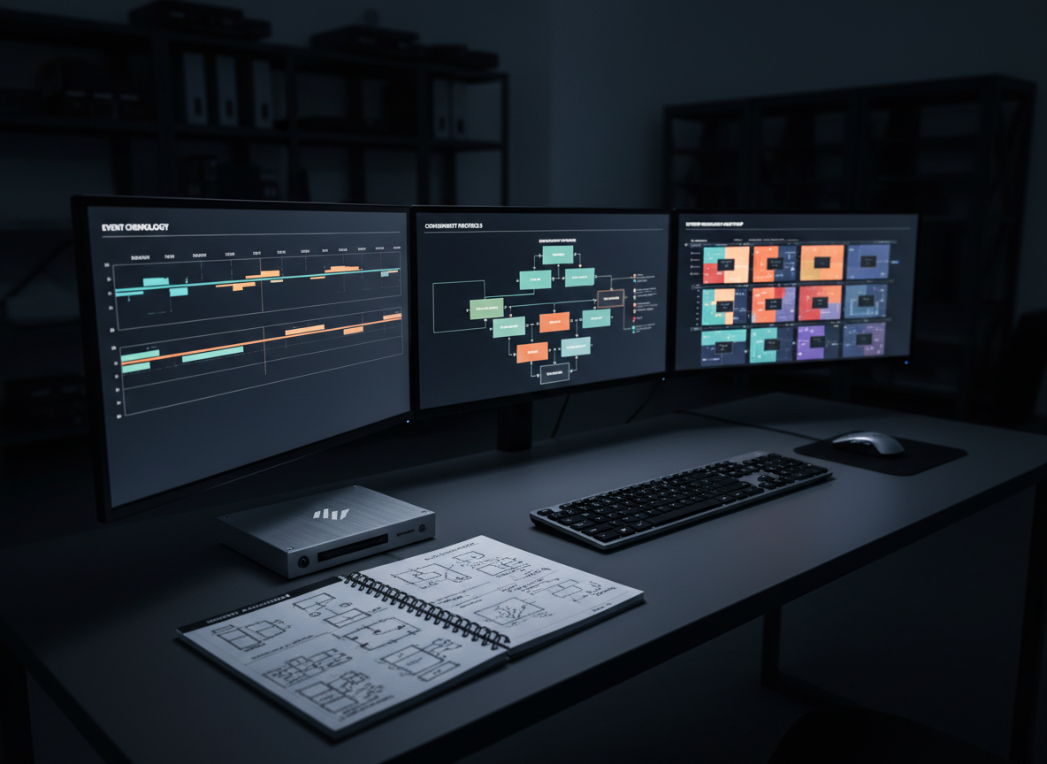A close, detailed view of a highly organized incident response workstation on a matte graphite desk surface. Multiple ultra-thin monitors form a continuous panoramic display showing timelines of events, containment workflows, and resilience heatmaps in precise, muted colors on dark backgrounds. A single hardware security module with a brushed aluminum finish and subtle logo sits beside a labeled notebook with architectural sketches. The room is dim except for the soft, cool glow from the screens, which cast controlled reflections on the desk and emphasize edges of devices. The lighting creates a focused tunnel of illumination around the workstation, with the surrounding room fading into gentle darkness. Captured from a three-quarter angle with moderate depth of field, foreground interfaces are crisp while distant charts soften. The mood is intense yet controlled, conveying deep technical expertise and procedural readiness through realistic photographic detail.
