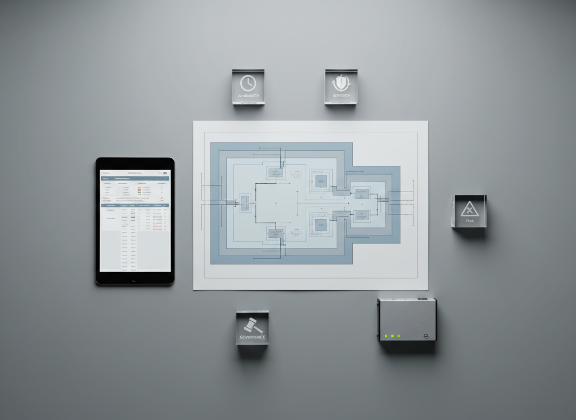 An overhead, meticulously composed flat lay of cybersecurity architecture artifacts arranged on a smooth slate-gray surface. At the center lies a large, cleanly printed system blueprint with layered network zones and segmentation lines in muted blues and grays. Surrounding it are small acrylic blocks engraved with icons representing resilience domains: availability, integrity, recovery, governance, and risk. A slim, matte-black tablet displays a neatly structured resilience scorecard, and a compact hardware firewall appliance with visible ports anchors one corner. Soft, diffused studio lighting from above eliminates harsh shadows, creating subtle gradients that emphasize textures and precision. The composition is carefully balanced with clear negative space, captured in high-resolution photographic realism. The mood is methodical and strategic, highlighting deep-tech architecture thinking and structured business alignment in a calm, professional aesthetic.